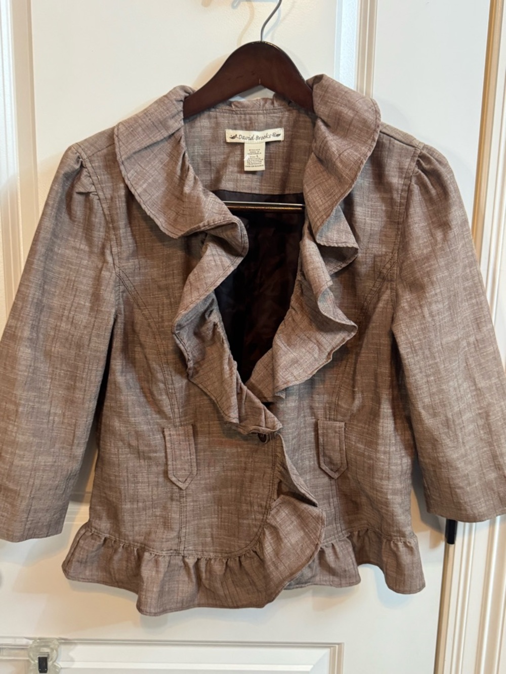 david brooks taupe ruffle blazer jacket